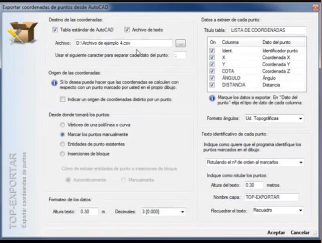Exporta las coordenadas de los puntos marcados en AutoCAD a un archivo de texto y/o a una tabla en el propio dibujo. Permite identificar los puntos exportados con un identificador, remarcar estos puntos con un recuadro, un circulo, etc.