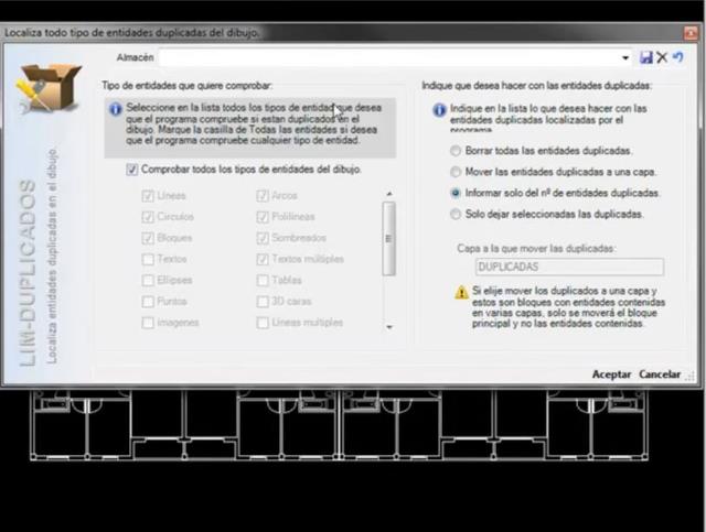Este comando permite localizar todas las entidades duplicadas del dibujo. Una vez localizadas podemos indicar al programa que las borre, las seleccione, las pase a otra capa o simplemente que nos informe del número de entidades duplicadas que había en el